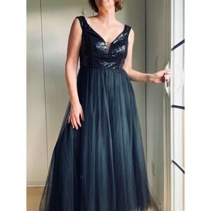 Womens Formal Black Sequin/Tulle Maxi Dress Size 10 Classic Black Tie